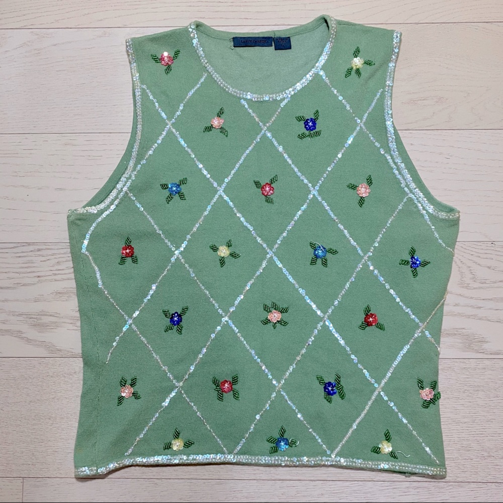Sage Olive Green Embroidered Sequins Sweater Vest
